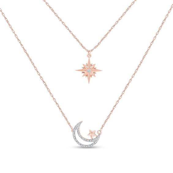 1/15 Ct. T.W. Diamond Double Strand Star And Moon Necklace In Sterling