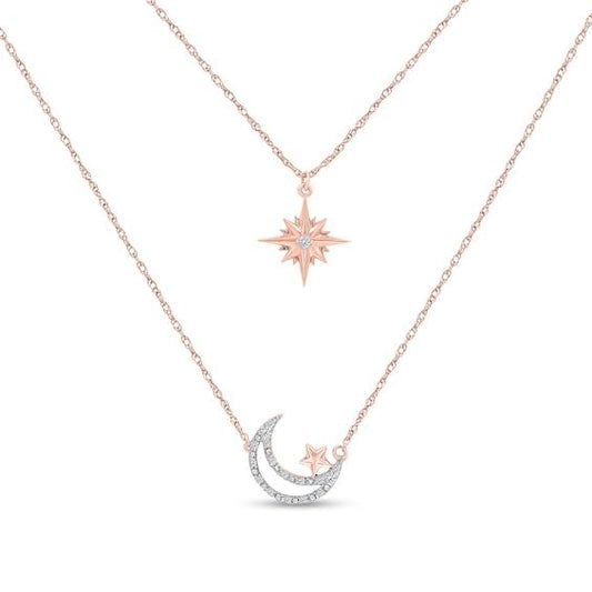 1/15 Ct. T.W. Diamond Double Strand Star And Moon Necklace In Sterling