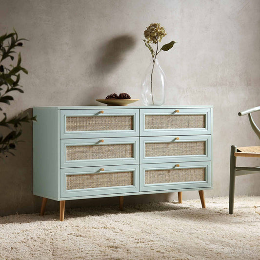 Woven Rattan 6 Drawer Dresser, Mint - Daals - Chest Of Drawers