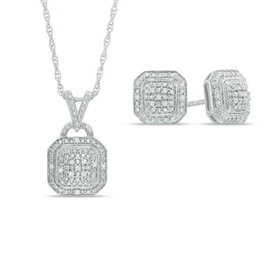 1/15 Ct. T.W. Diamond Octagonal Frame Pendant And Stud Earrings Set In Sterling