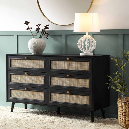 Woven Rattan 6 Drawer Dresser, Black - Daals - Chest Of Drawers