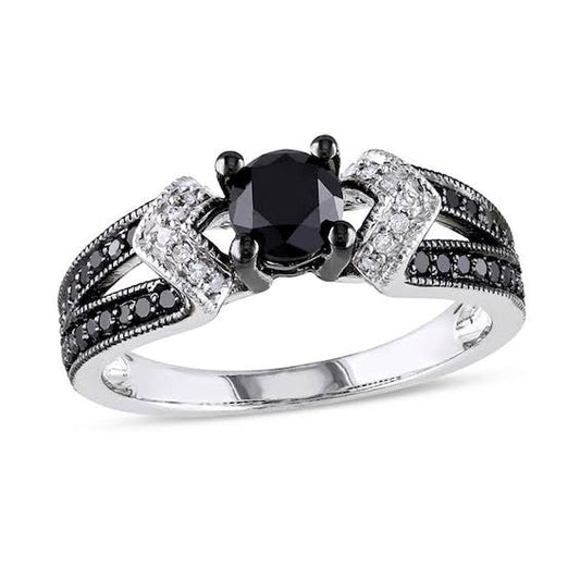 1 Ct. T.W. Black And White Diamond Split Shank Engagement Ring In Sterling