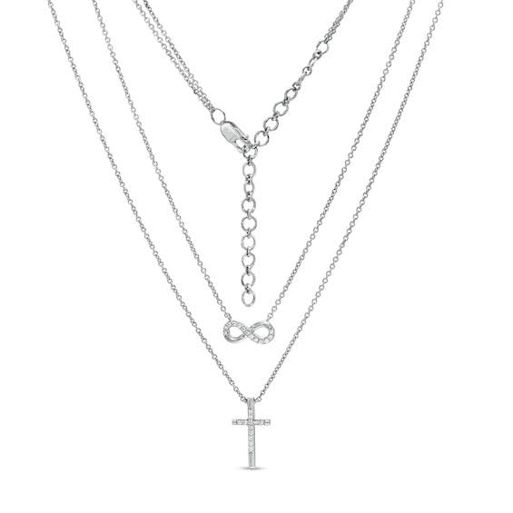 1/10 Ct. T.W. Diamond Infinity And Cross Double Strand Necklace In Sterling
